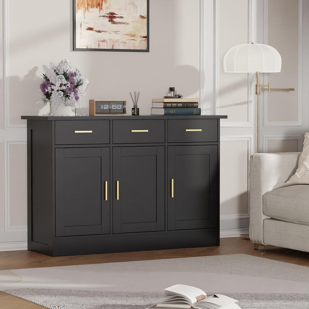 Buffet Cabinet with Storage - Buffets & Sideboards Kitchen Storage Cabinet, Wood Console Table Coffee Bar Accent Cabinets for Living Room Dining Room Entryway Large 3 Doors & Drawers, Black 47.2" W