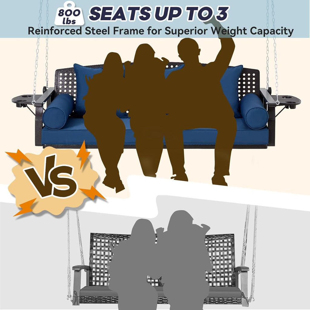 3 Seat Porch Swing, Patio Swing Bench with Cup Holders & 3 Back Cushions, Swing Chair with Chains for Deck Garden Backyard,Blue