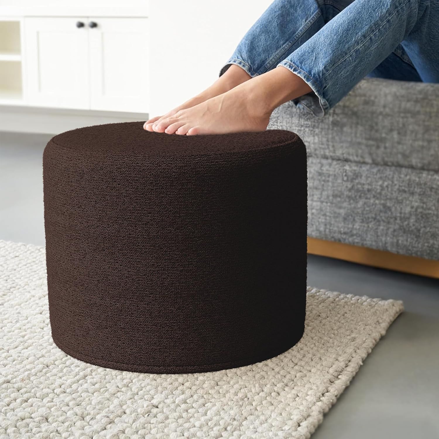 ZICOTO Beautiful Boucle Pouf Ottoman and Foot Rest - Elevate Your Living Room Decor with Lightweight Comfort and Charm - A Round Modern Foam Filled Foot Stool Perfect to Rest Your Feet