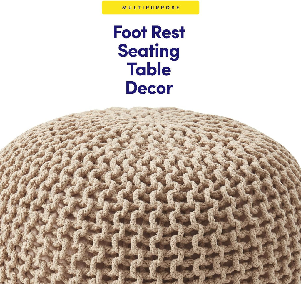Pouf Ottoman Foot Rest Stuffed – 20” Diameter x 14” Tall Cozy Floor Pouf for Living Room, Bedroom, Nursery & More – 100% Cotton Knit Shell, EPS Bead Filled Footrest & Accent Chair, Taupe