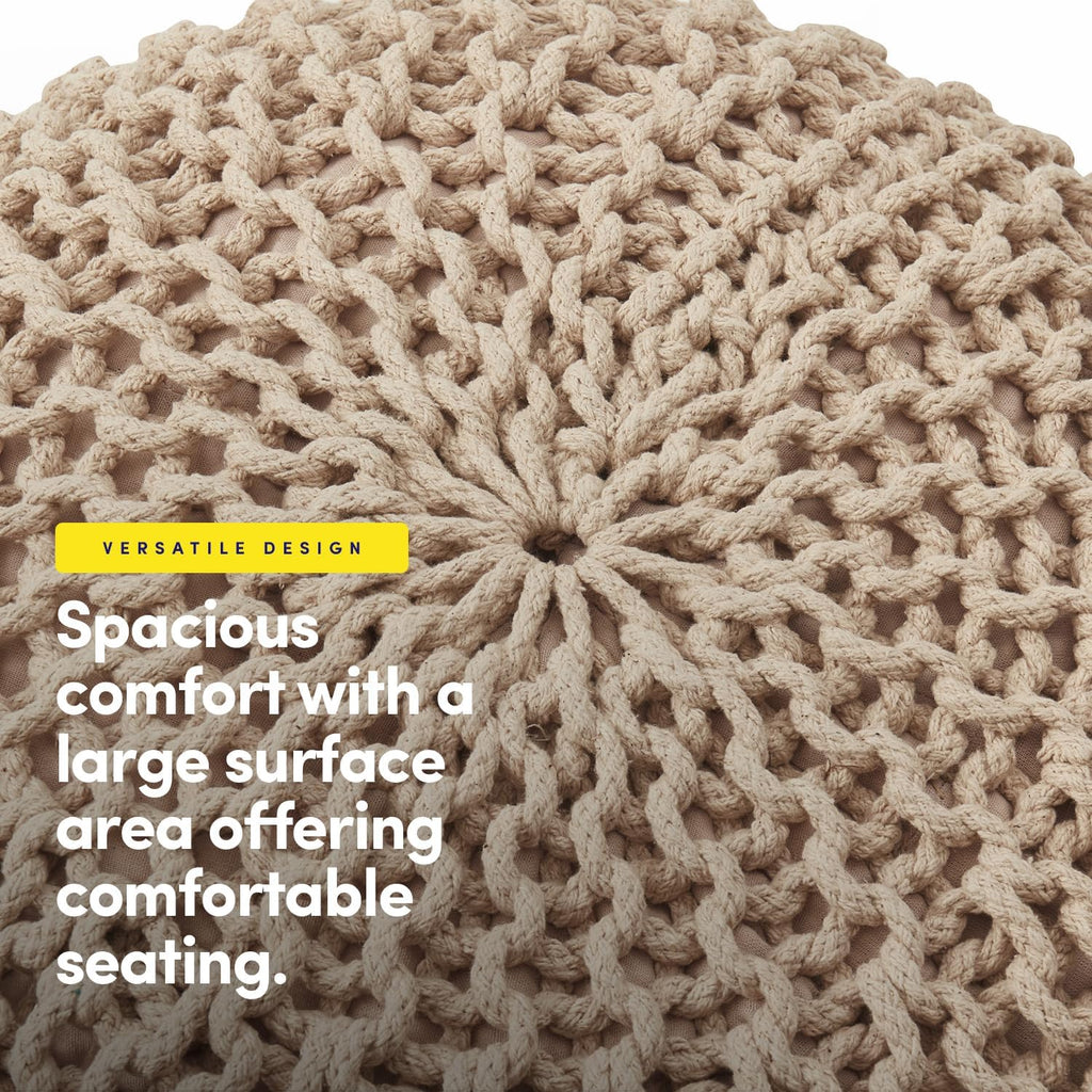 Pouf Ottoman Foot Rest Stuffed – 20” Diameter x 14” Tall Cozy Floor Pouf for Living Room, Bedroom, Nursery & More – 100% Cotton Knit Shell, EPS Bead Filled Footrest & Accent Chair, Taupe