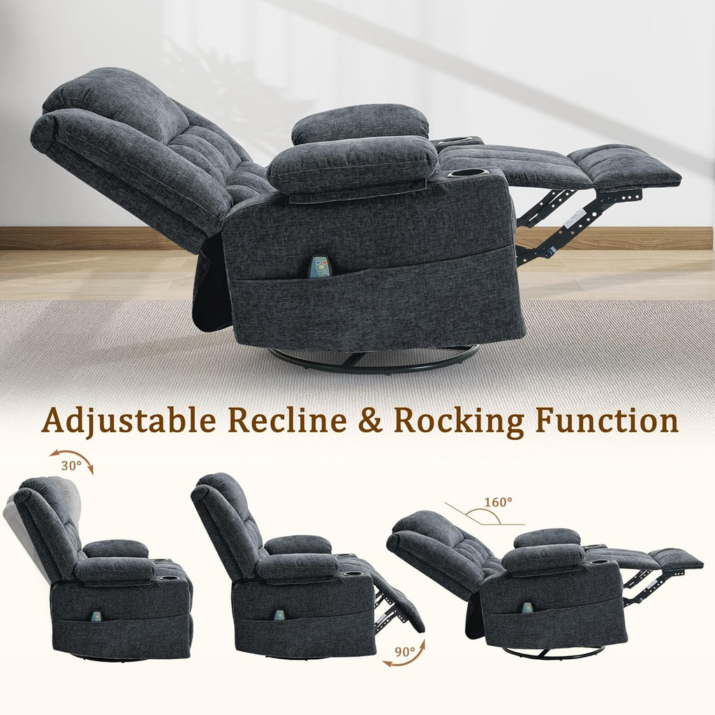 360° Swivel Rocker Recliner for Adults, Nursery Glider Recliner with Massage and Heating, Rocking Chair with Cup Holder, Manual Recliner Chair for Living Room, Bedroom (Fabric, Dark Gray)