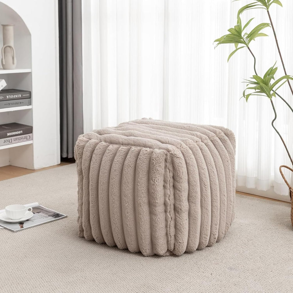 18.5" Square Faux Fur Pouf, Plush Corded Ottoman for Living Room Bedroom, Beige
