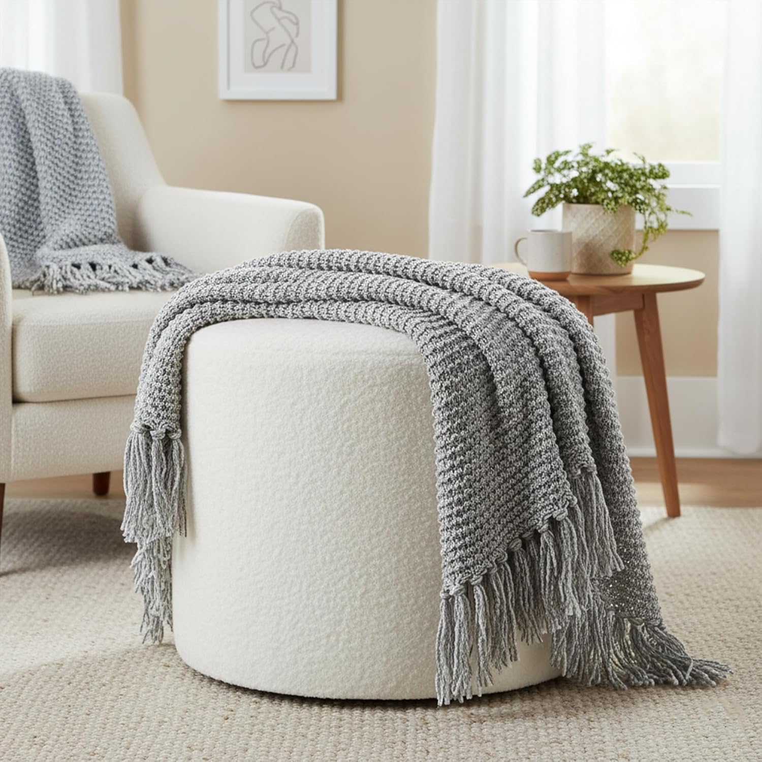 19-Inch Wide Round Pouf Ottoman Footstool, Versatile Upholstered Design for Living Room, Bedroom