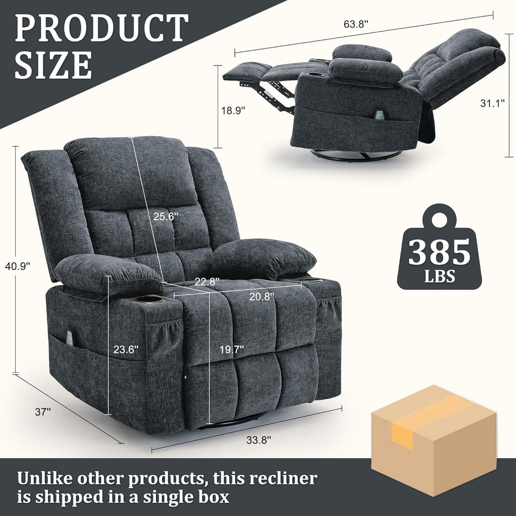 360° Swivel Rocker Recliner for Adults, Nursery Glider Recliner with Massage and Heating, Rocking Chair with Cup Holder, Manual Recliner Chair for Living Room, Bedroom (Fabric, Dark Gray)