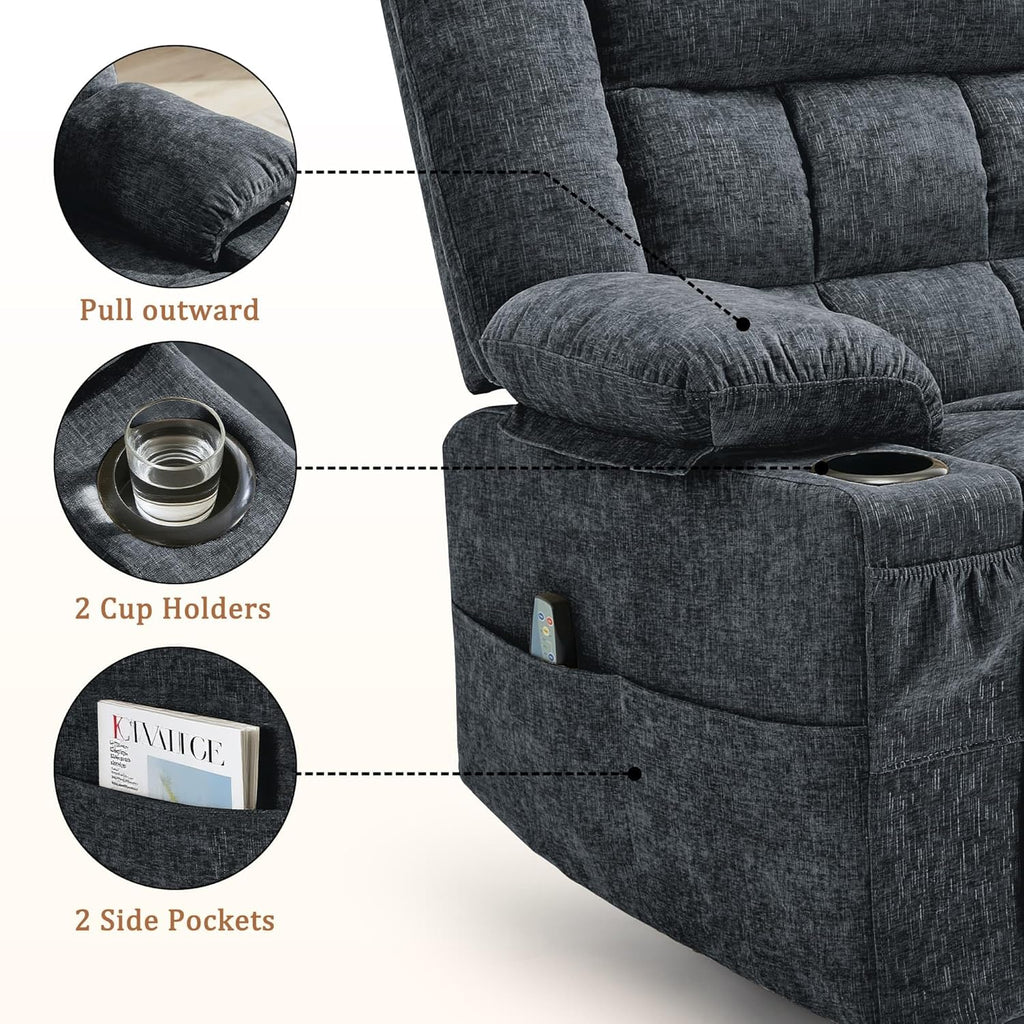 360° Swivel Rocker Recliner for Adults, Nursery Glider Recliner with Massage and Heating, Rocking Chair with Cup Holder, Manual Recliner Chair for Living Room, Bedroom (Fabric, Dark Gray)