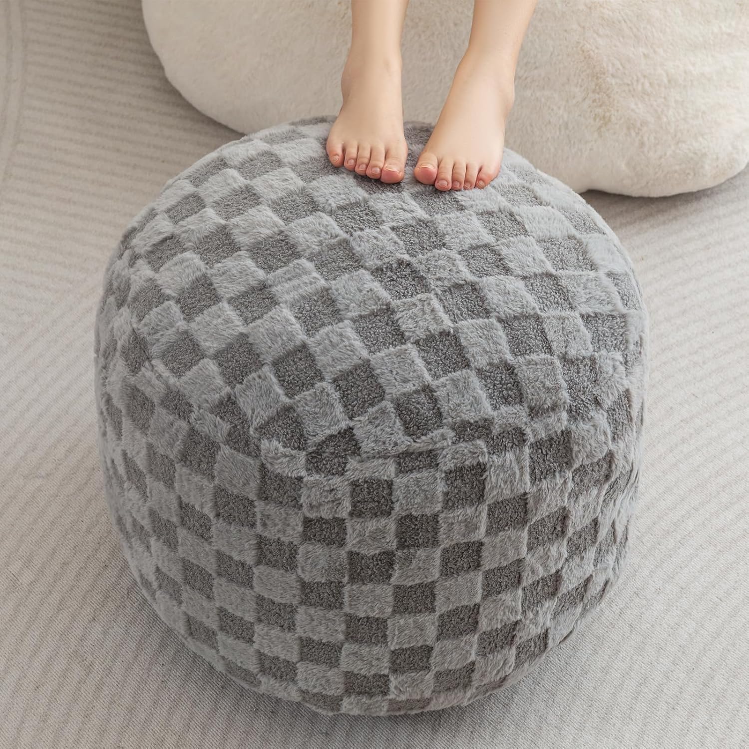 HIGOGOGO Round Stuffed Pouf Ottoman, Corduroy Poufs with Foam Chunk Filling, Furry and Fluffy Pouf Foot Stool Storage Ottoman, 20 X 15 Floor Poufs Foot Rest for Living Room, Dark Grey