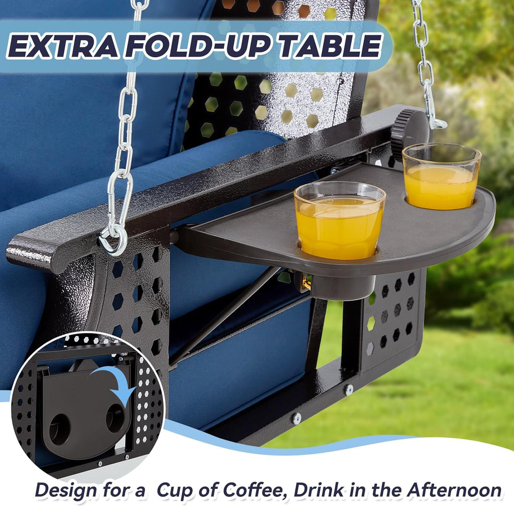 3 Seat Porch Swing, Patio Swing Bench with Cup Holders & 3 Back Cushions, Swing Chair with Chains for Deck Garden Backyard,Blue