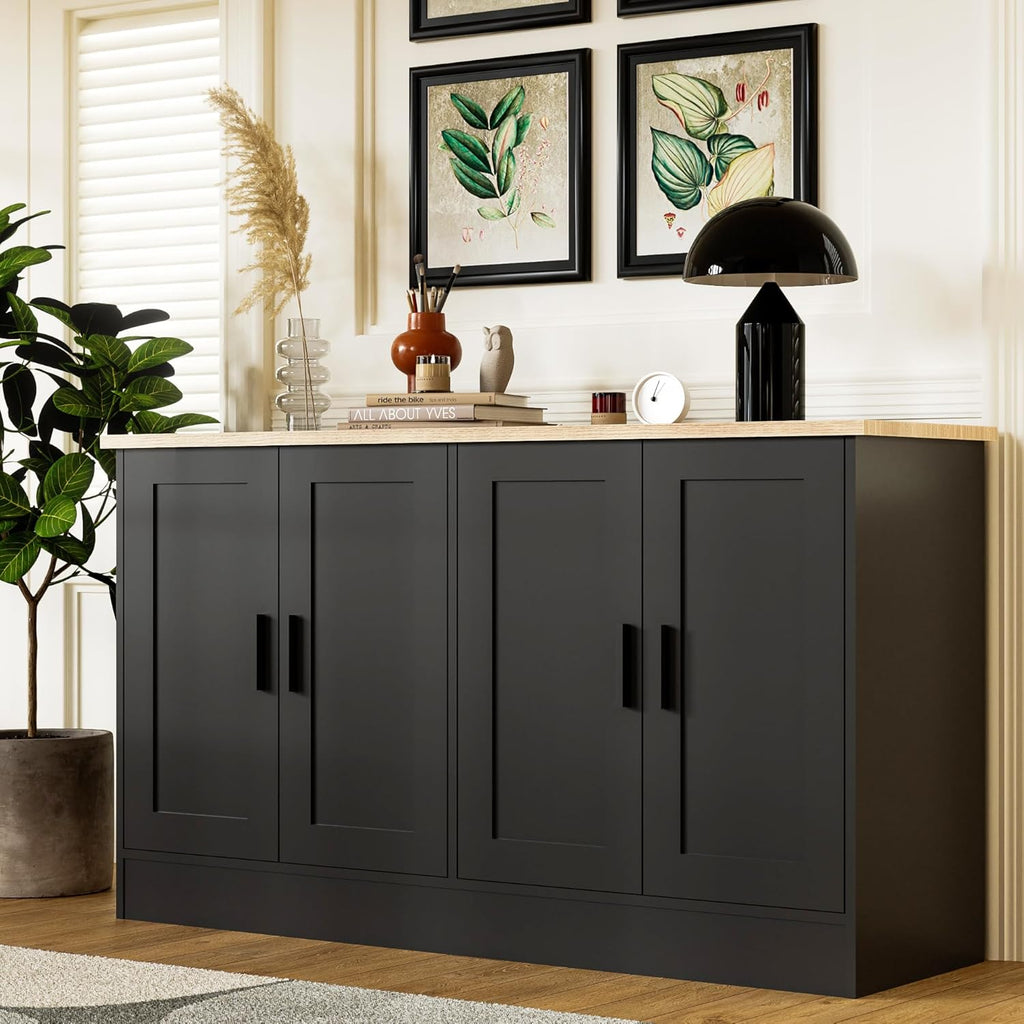 Anystyle 53.1“W Black 4 Door Buffet Cabinet, Coffee Bar with Adjustable Shelf, Kitchen Sideboard for Living Room, Hallway