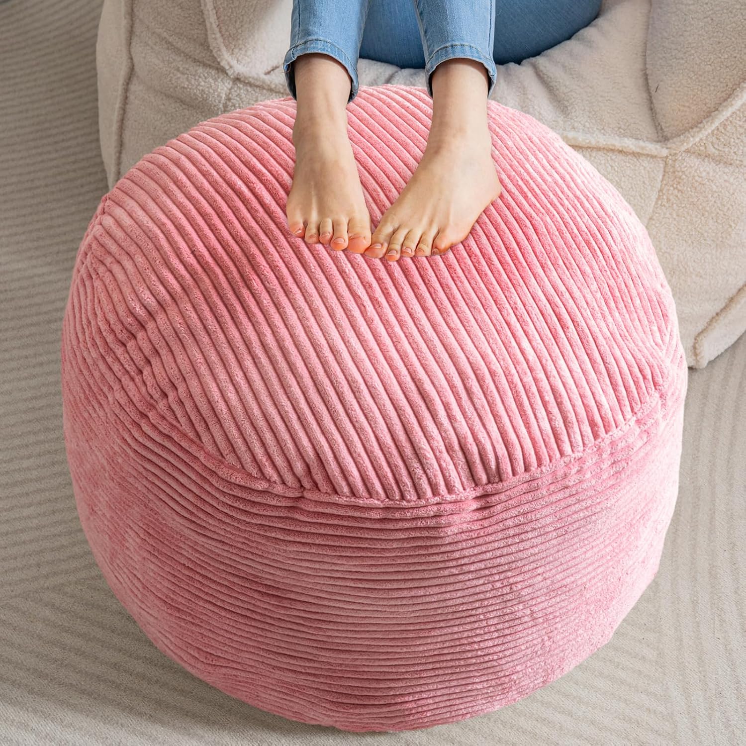 HIGOGOGO Round Stuffed Pouf Ottoman, Corduroy Poufs with Foam Chunk Filling, Furry and Fluffy Pouf Foot Stool Storage Ottoman, 20 X 15 Floor Poufs Foot Rest for Living Room, Dark Grey