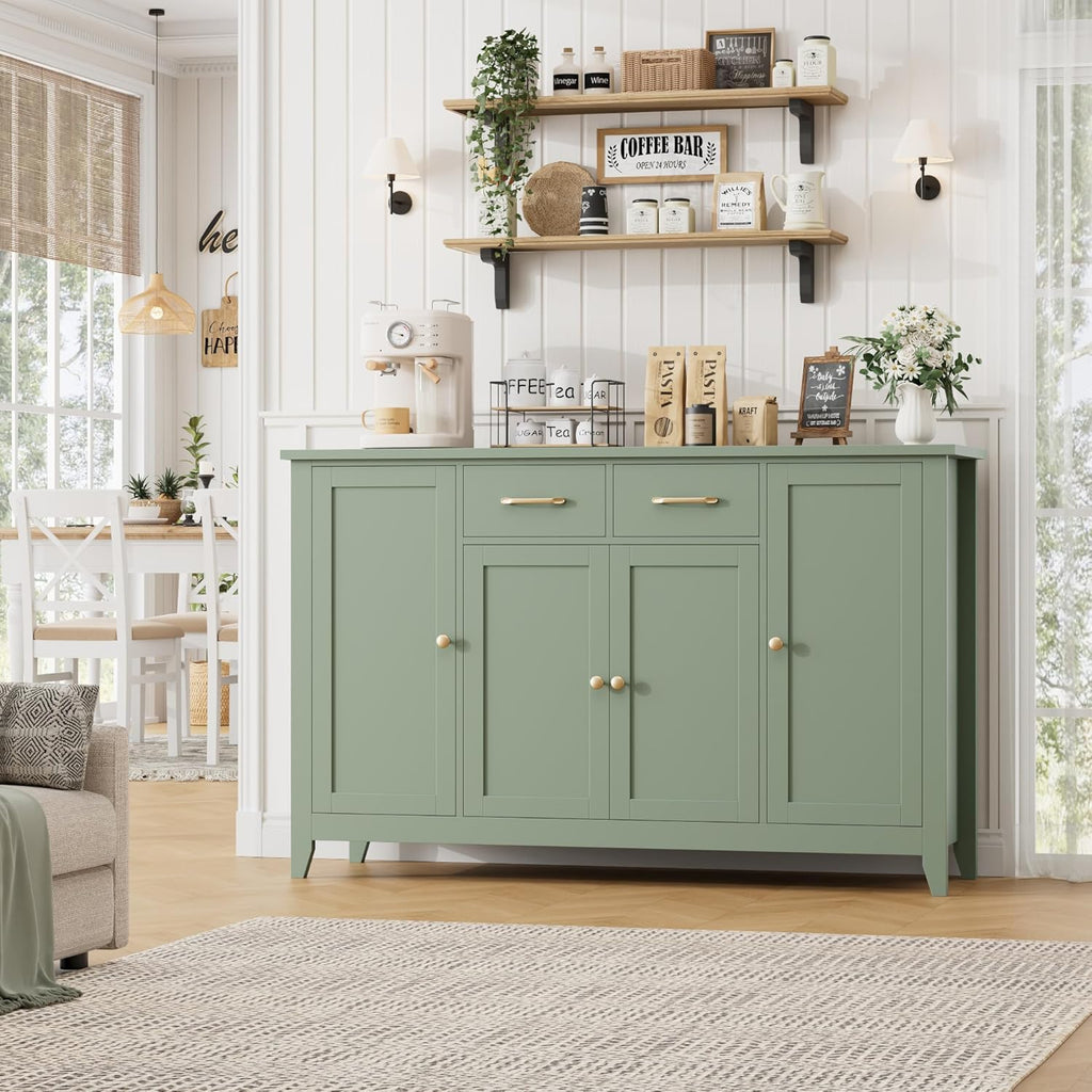 HORSTORS 55" Buffet Cabinet with Storage, Kitchen Buffet Sideboard with Drawers, Large Storage Cabinet with Doors and Shelves, Modern Farmhouse Coffee Bar for Kitchen, Dining Room, Living Room, Green