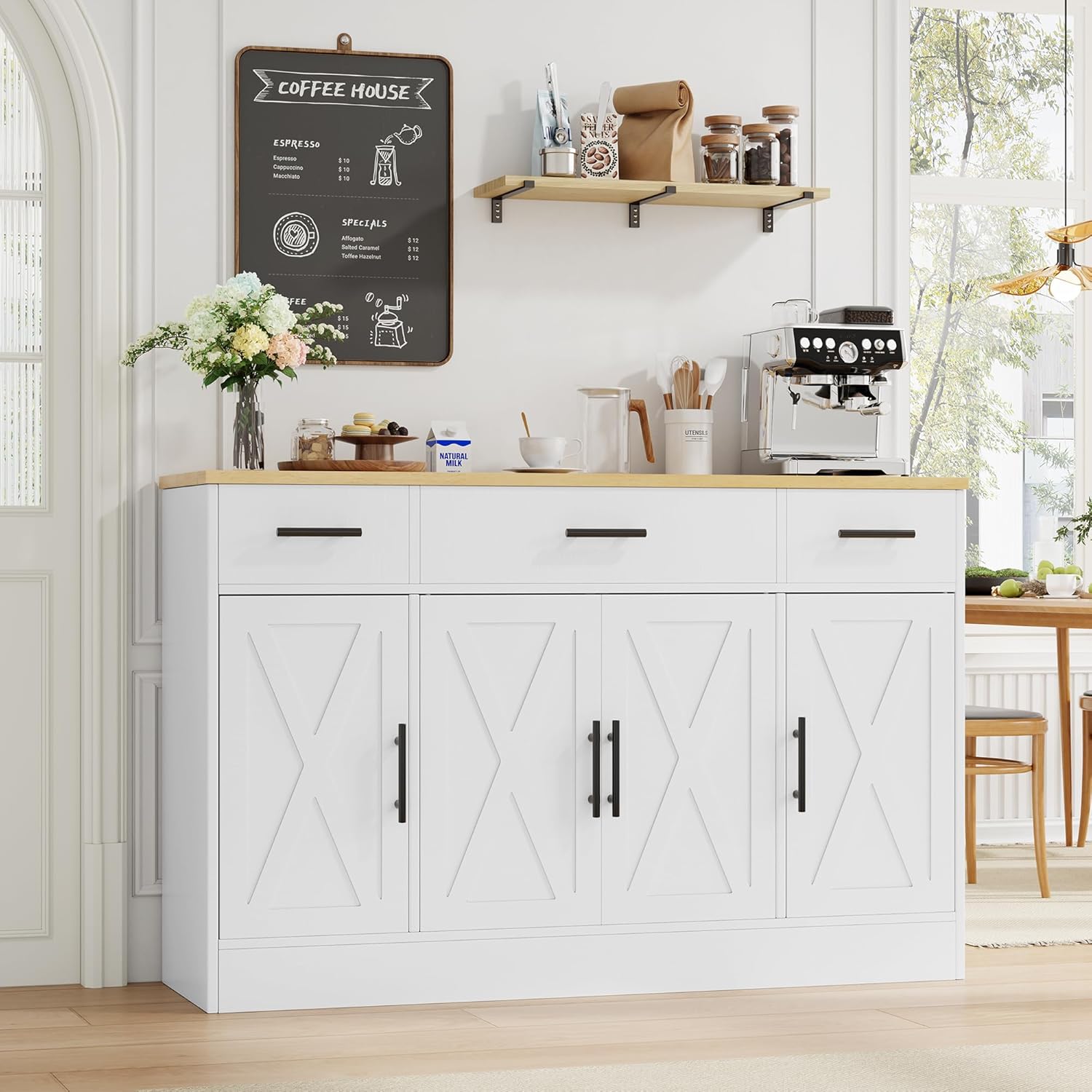 Shintenchi 53.4" Sideboard Buffet Cabinet with Storage, Large Kitchen Buffet Storage Cabinet with 3 Drawers and 4 Doors, Wood Farmhouse Sideboard with Adjustable Shelf for Kitchen, Dining Room, White