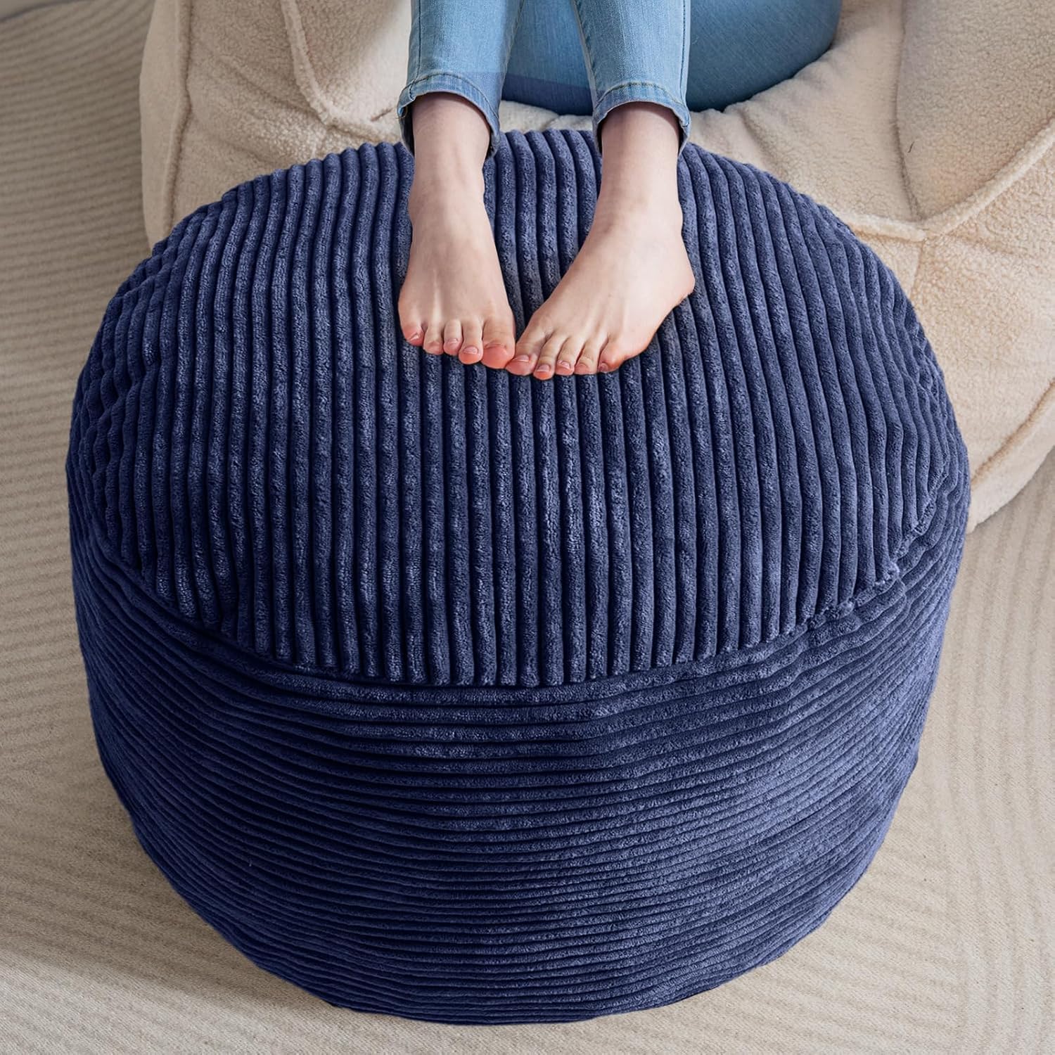 HIGOGOGO Round Stuffed Pouf Ottoman, Corduroy Poufs with Foam Chunk Filling, Furry and Fluffy Pouf Foot Stool Storage Ottoman, 20 X 15 Floor Poufs Foot Rest for Living Room, Dark Grey
