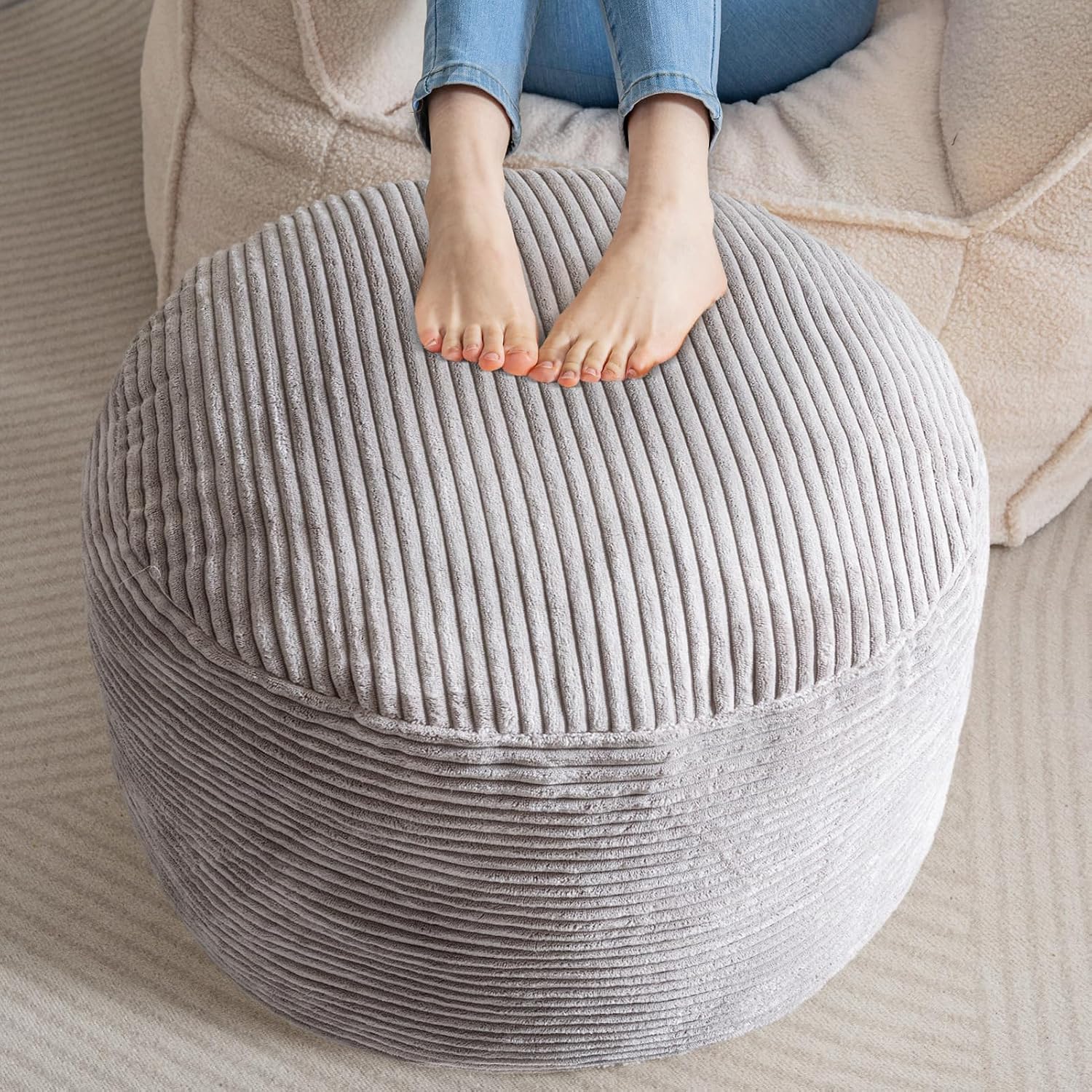 HIGOGOGO Round Stuffed Pouf Ottoman, Corduroy Poufs with Foam Chunk Filling, Furry and Fluffy Pouf Foot Stool Storage Ottoman, 20 X 15 Floor Poufs Foot Rest for Living Room, Dark Grey
