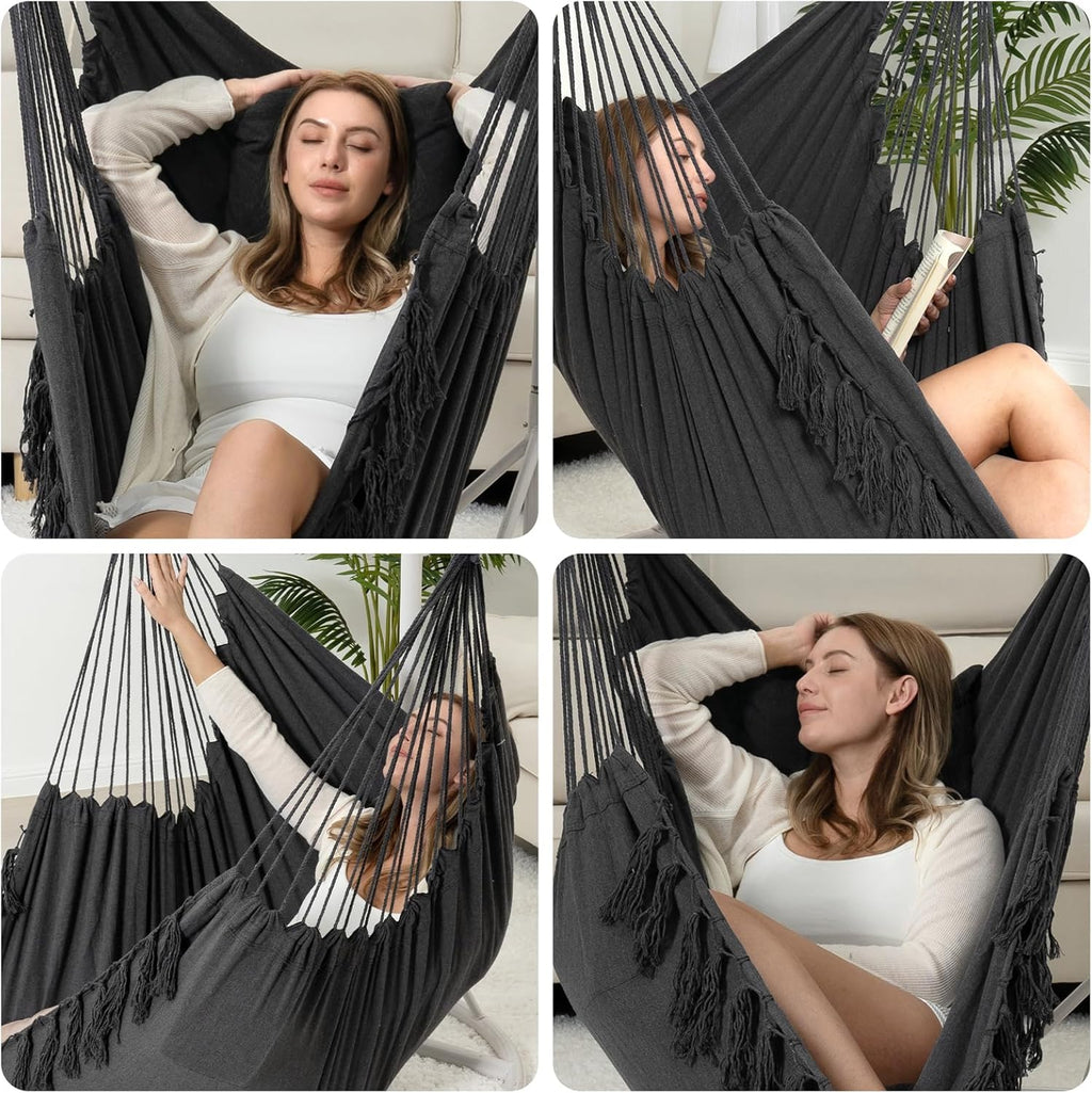 Y- STOP Hammock Chair Hanging Rope Swing, Max 500 Lbs, 2 Cushions Included, Large Macrame Hanging Chair with Pocket, Cotton Weave for Superior Comfort, Durability (Dark Grey)