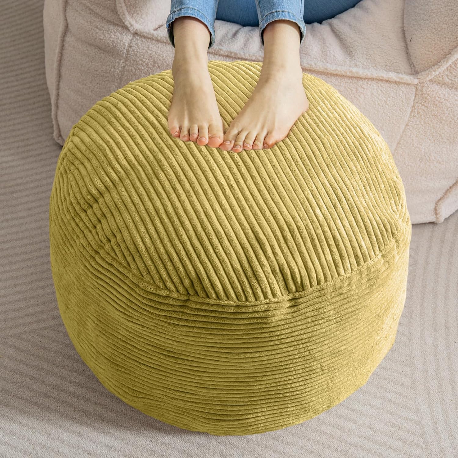 HIGOGOGO Round Stuffed Pouf Ottoman, Corduroy Poufs with Foam Chunk Filling, Furry and Fluffy Pouf Foot Stool Storage Ottoman, 20 X 15 Floor Poufs Foot Rest for Living Room, Dark Grey