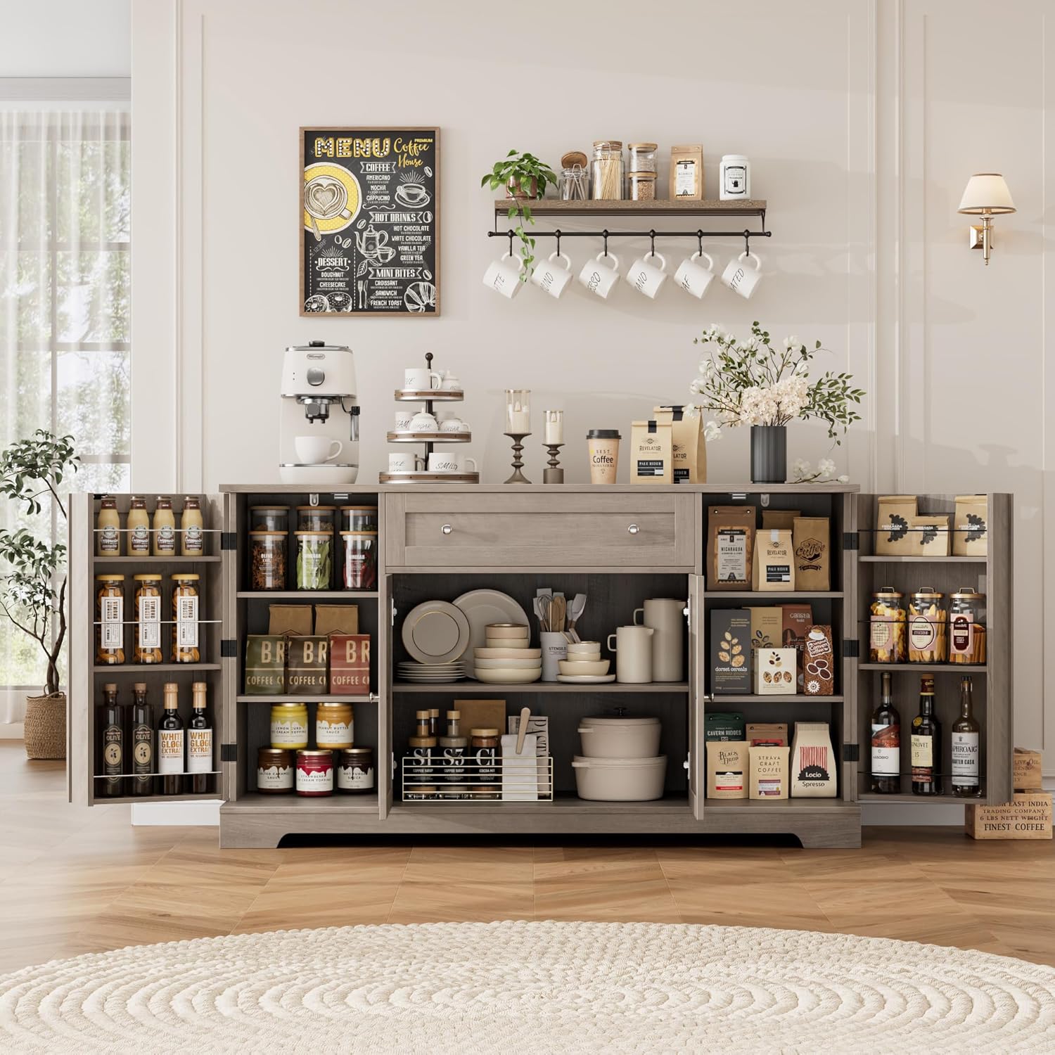 HITHOS 54" Buffet Cabinet with Storage, Modern Kitchen Buffet Sideboard with Drawer, Wood Coffee Bar with Adjustable Shelves, Kitchen Storage Cabinet for Living Room, Black