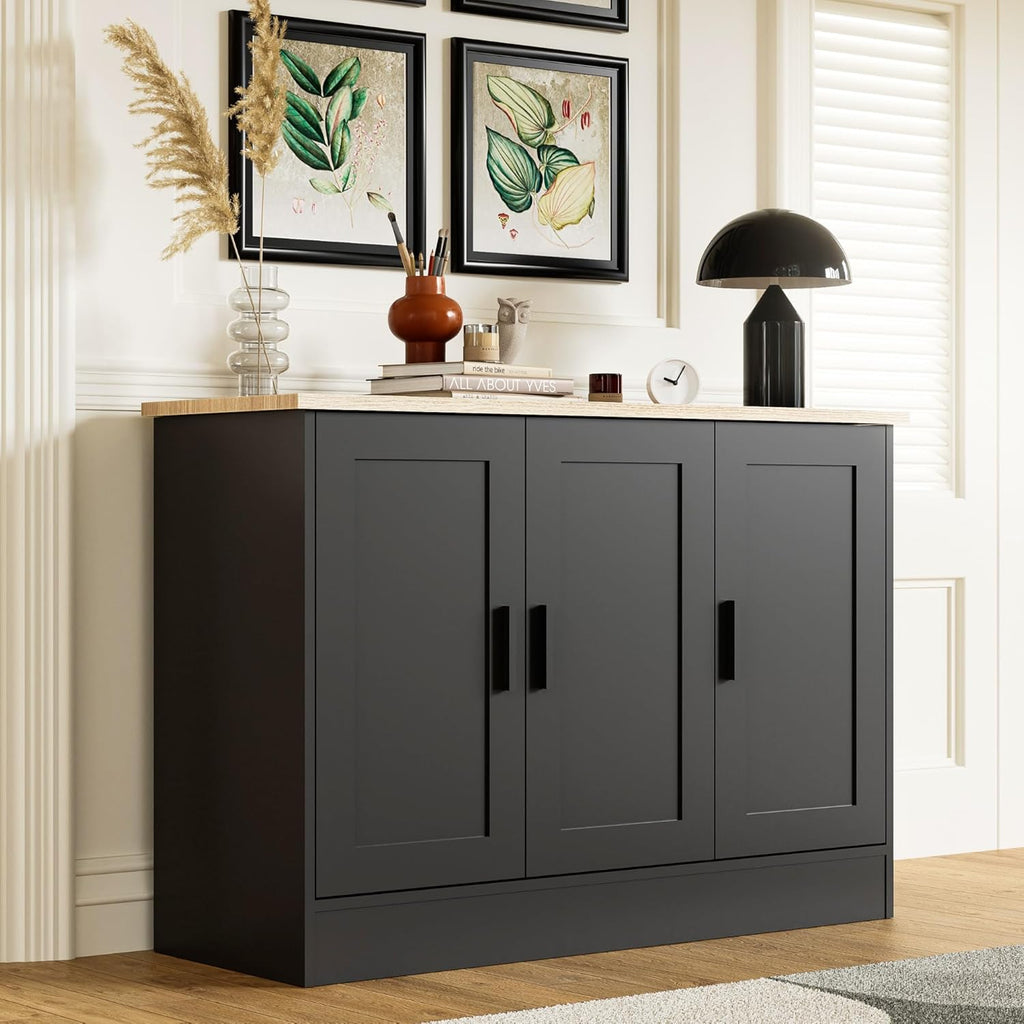 Anystyle 43.3”W Black 3 Door Buffet Cabinet, Coffee Bar with Adjustable Shelf, Kitchen Sideboard for Living Room, Kitchen