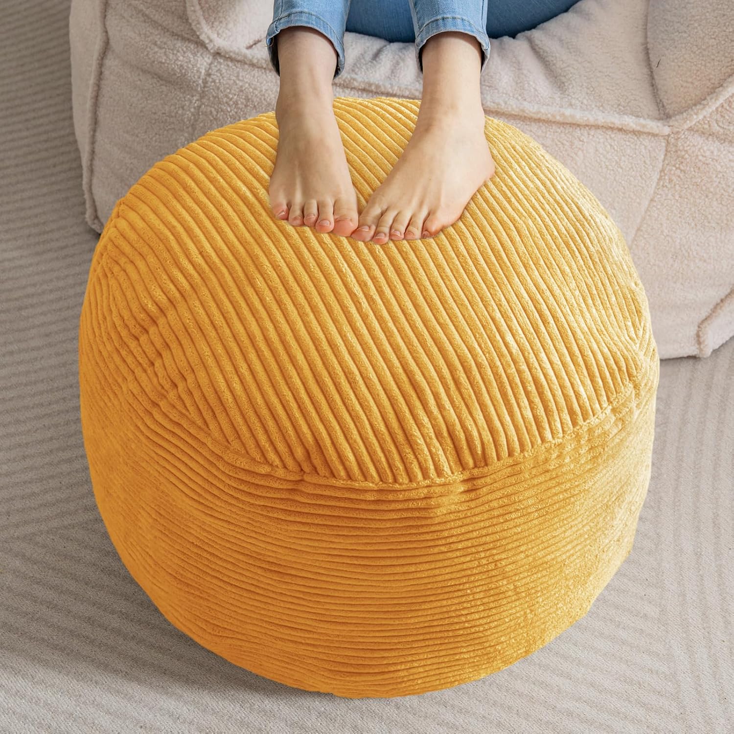HIGOGOGO Round Stuffed Pouf Ottoman, Corduroy Poufs with Foam Chunk Filling, Furry and Fluffy Pouf Foot Stool Storage Ottoman, 20 X 15 Floor Poufs Foot Rest for Living Room, Dark Grey
