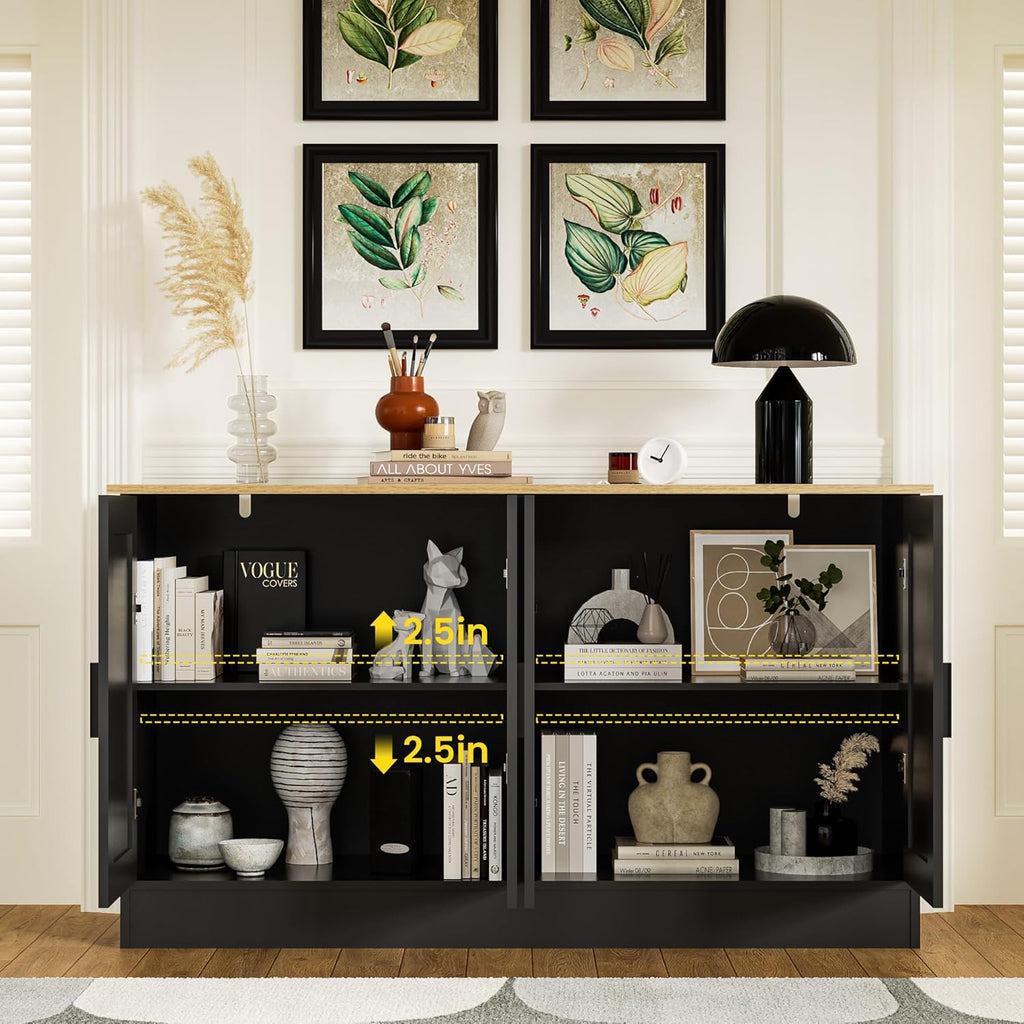 Anystyle 53.1“W Black 4 Door Buffet Cabinet, Coffee Bar with Adjustable Shelf, Kitchen Sideboard for Living Room, Hallway