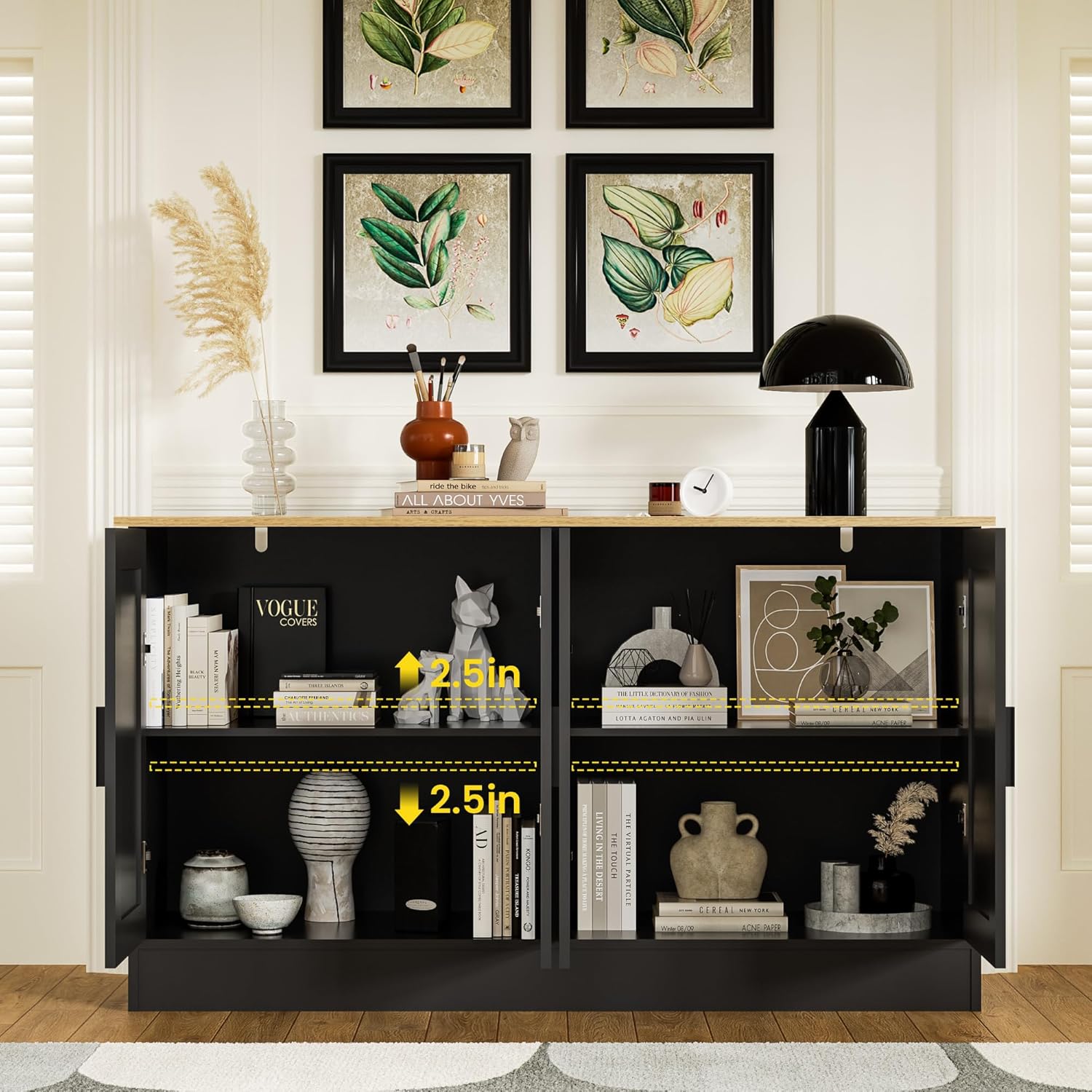 Anystyle 53.1“W Black 4 Door Buffet Cabinet, Coffee Bar with Adjustable Shelf, Kitchen Sideboard for Living Room, Hallway