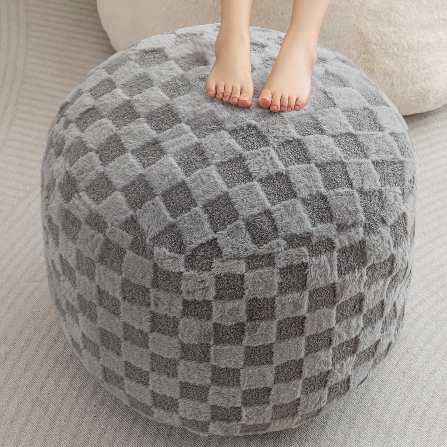 HIGOGOGO Round Stuffed Pouf Ottoman, Corduroy Poufs with Foam Chunk Filling, Furry and Fluffy Pouf Foot Stool Storage Ottoman, 20 X 15 Floor Poufs Foot Rest for Living Room, Dark Grey