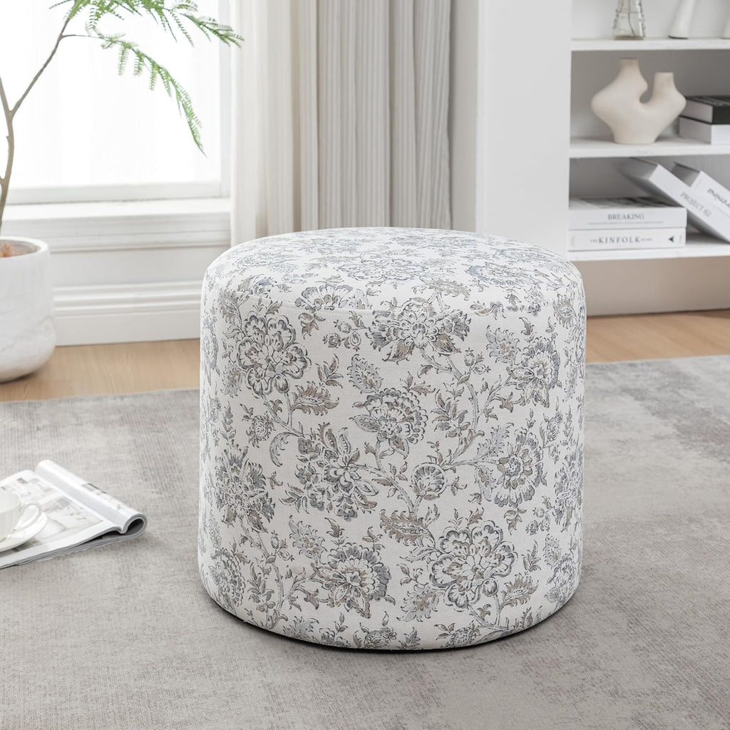 19-Inch Wide Round Pouf Ottoman Footstool, Versatile Upholstered Design for Living Room, Bedroom