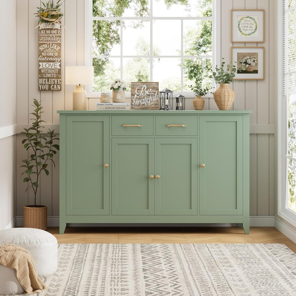 HORSTORS 55" Buffet Cabinet with Storage, Kitchen Buffet Sideboard with Drawers, Large Storage Cabinet with Doors and Shelves, Modern Farmhouse Coffee Bar for Kitchen, Dining Room, Living Room, Green