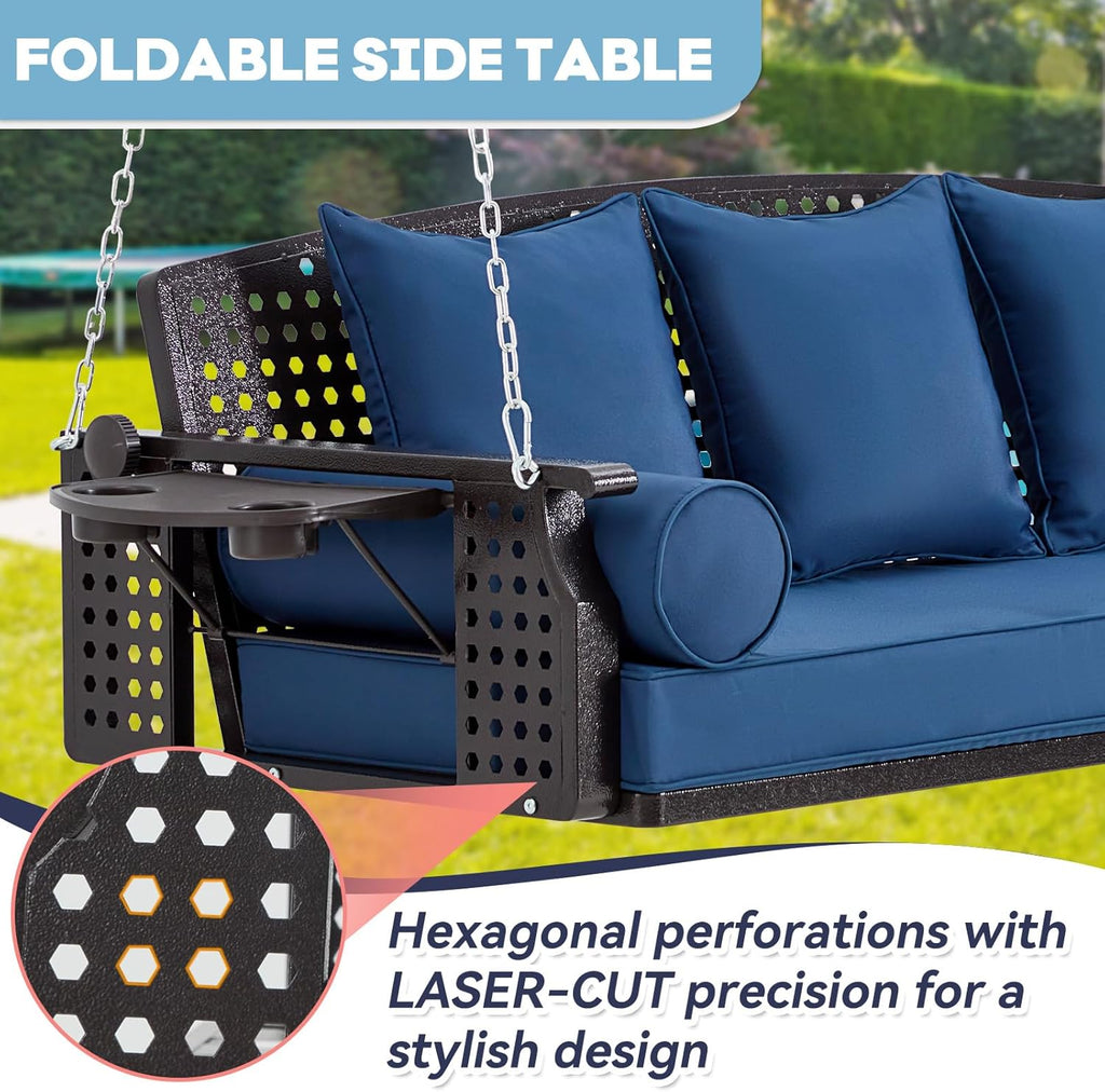 3 Seat Porch Swing, Patio Swing Bench with Cup Holders & 3 Back Cushions, Swing Chair with Chains for Deck Garden Backyard,Blue