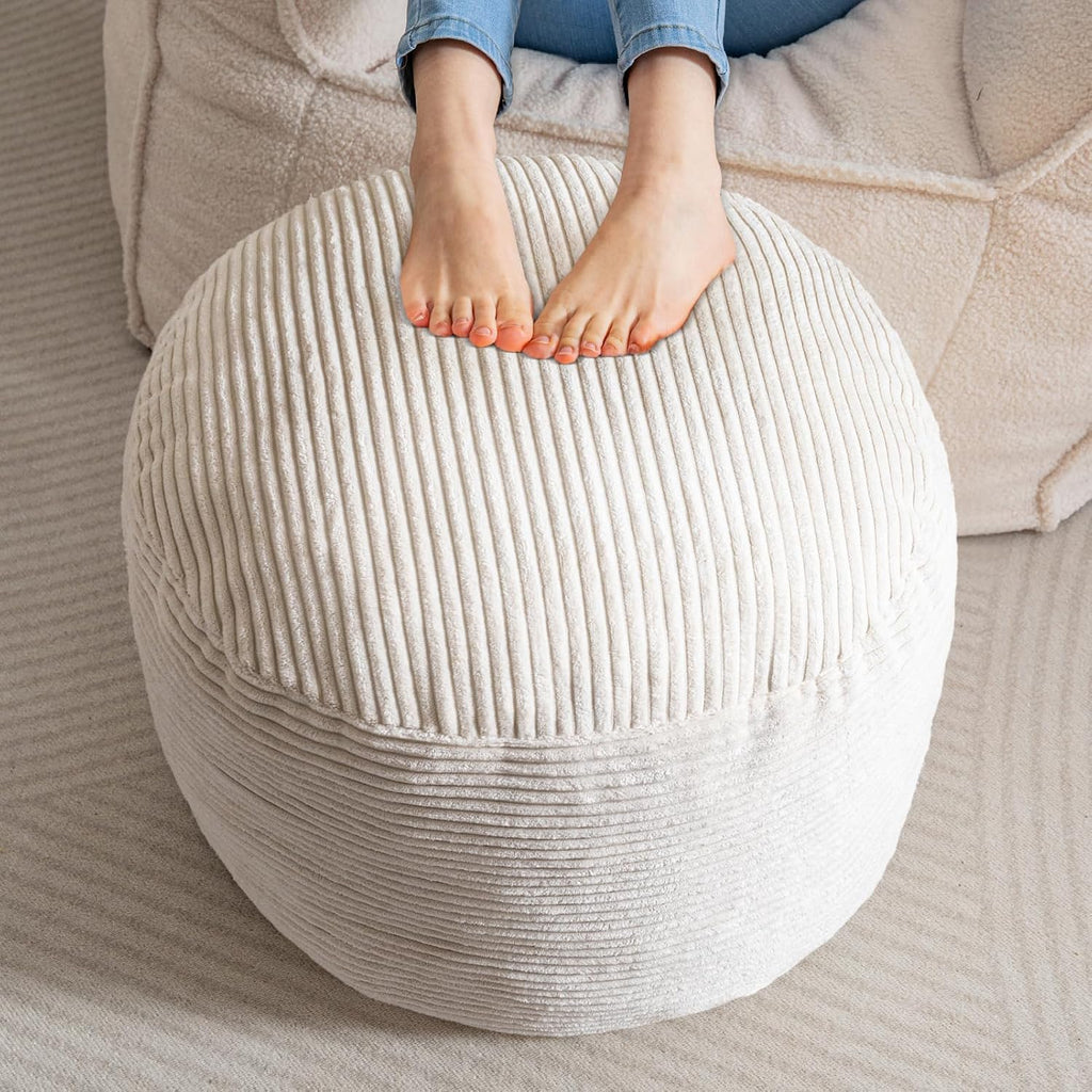 HIGOGOGO Round Stuffed Pouf Ottoman, Corduroy Poufs with Foam Chunk Filling, Furry and Fluffy Pouf Foot Stool Storage Ottoman, 20 X 15 Floor Poufs Foot Rest for Living Room, Dark Grey