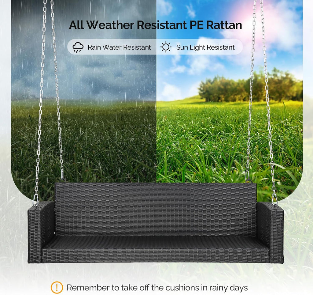 VINGLI Heavy Duty 800 LBS Wicker Hanging Porch Swing with Cushions & Chains, 5FT Outdoor Rattan Swing Bench for Garden, Yard, Lawn (Black)