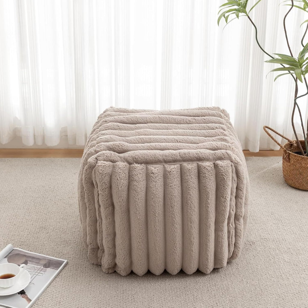 18.5" Square Faux Fur Pouf, Plush Corded Ottoman for Living Room Bedroom, Beige