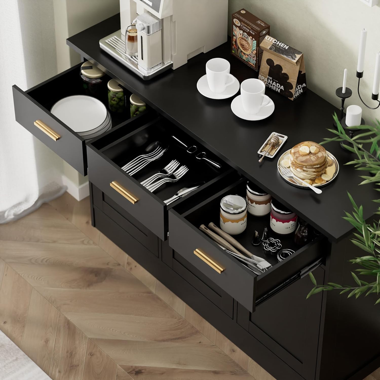 Buffet Cabinet with Storage - Buffets & Sideboards Kitchen Storage Cabinet, Wood Console Table Coffee Bar Accent Cabinets for Living Room Dining Room Entryway Large 3 Doors & Drawers, Black 47.2" W