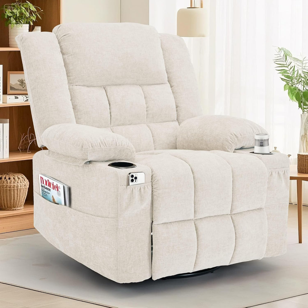 360° Swivel Rocker Recliner for Adults, Nursery Glider Recliner with Massage and Heating, Rocking Chair with Cup Holder, Manual Recliner Chair for Living Room, Bedroom (Fabric, Dark Gray)