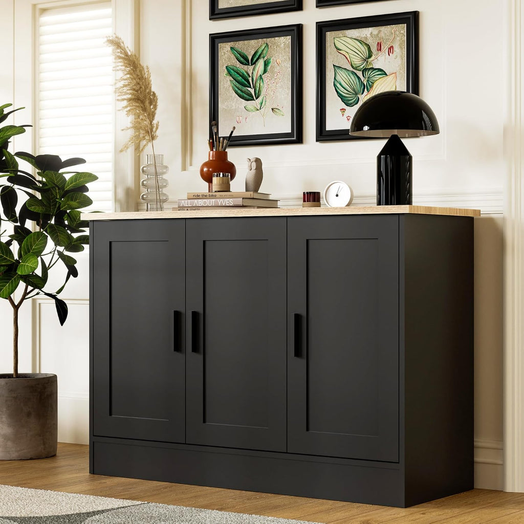 Anystyle 43.3”W Black 3 Door Buffet Cabinet, Coffee Bar with Adjustable Shelf, Kitchen Sideboard for Living Room, Kitchen