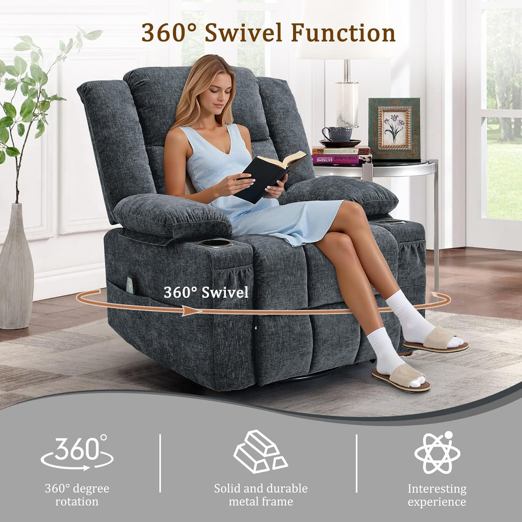 360° Swivel Rocker Recliner for Adults, Nursery Glider Recliner with Massage and Heating, Rocking Chair with Cup Holder, Manual Recliner Chair for Living Room, Bedroom (Fabric, Dark Gray)