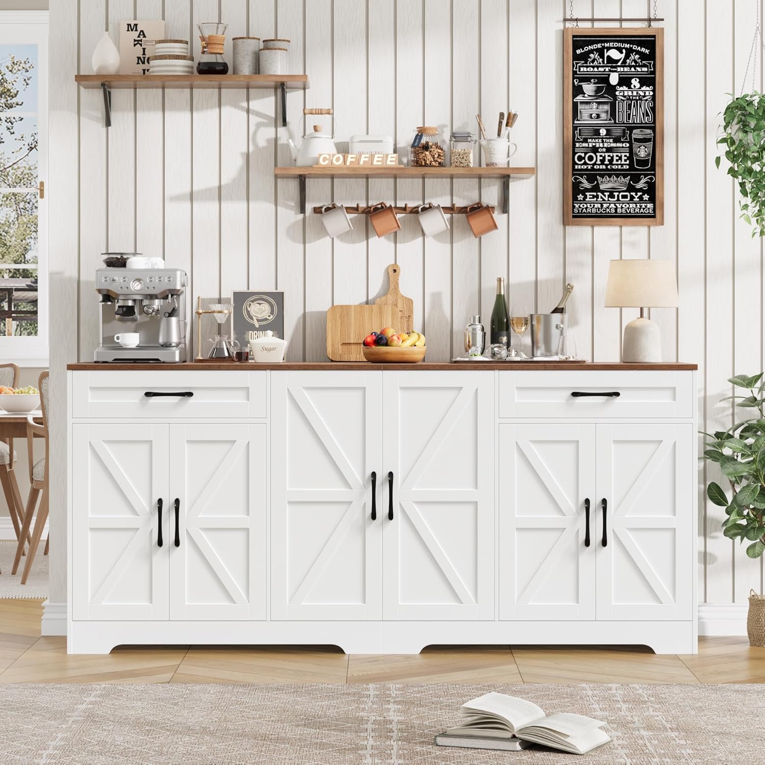 71” Large Sideboard Buffet Cabinet with Storage, Farmhouse Kitchen Buffet Cabinet with Adjustable Shelves and 6 Barn Doors, Wood Coffee Wine Bar Console Table for Kitchen, Dining Room, White