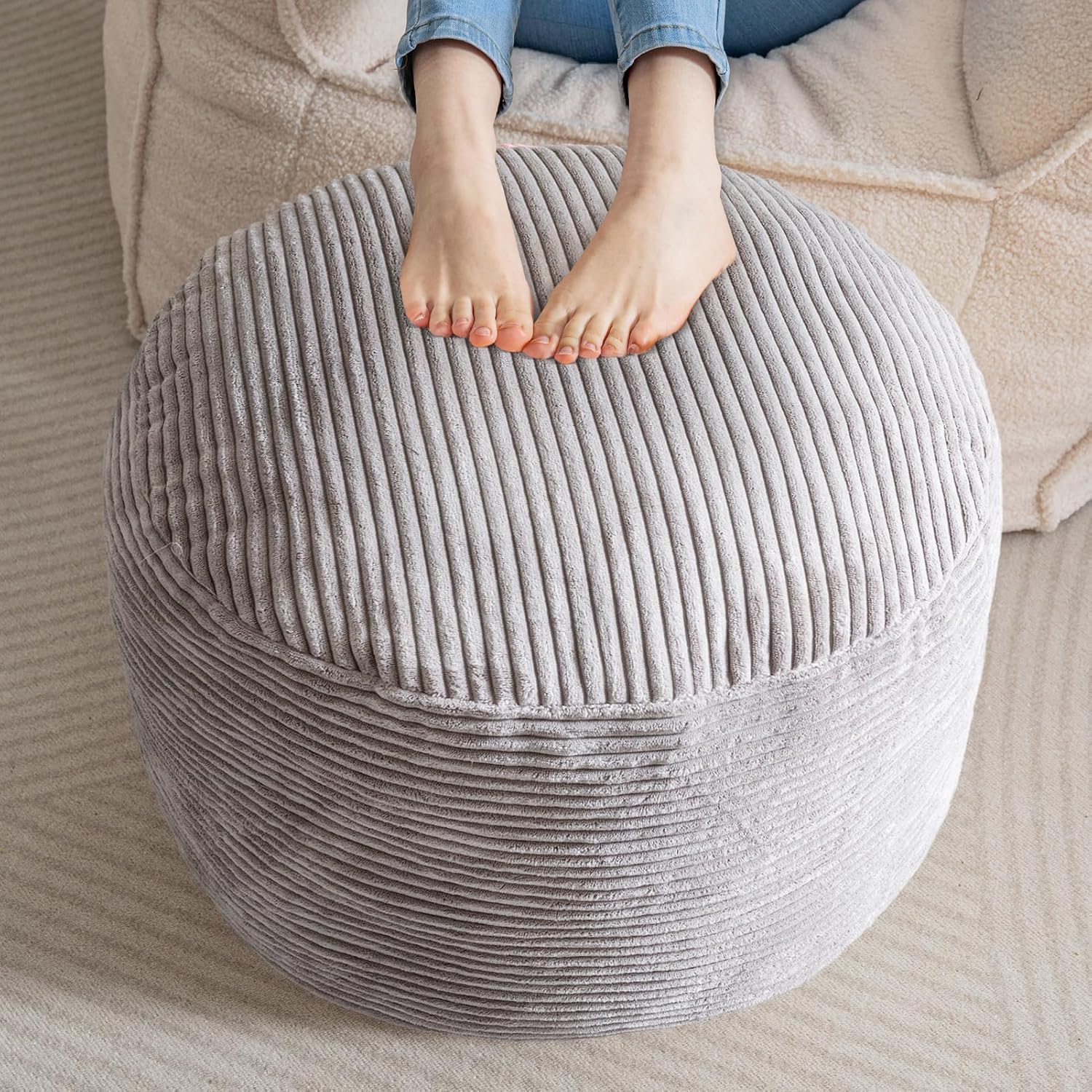 HIGOGOGO Round Stuffed Pouf Ottoman, Corduroy Poufs with Foam Chunk Filling, Furry and Fluffy Pouf Foot Stool Storage Ottoman, 20 X 15 Floor Poufs Foot Rest for Living Room, Dark Grey