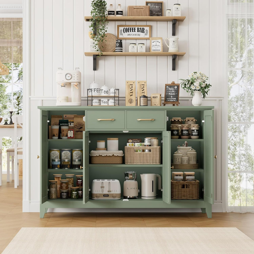 HORSTORS 55" Buffet Cabinet with Storage, Kitchen Buffet Sideboard with Drawers, Large Storage Cabinet with Doors and Shelves, Modern Farmhouse Coffee Bar for Kitchen, Dining Room, Living Room, Green