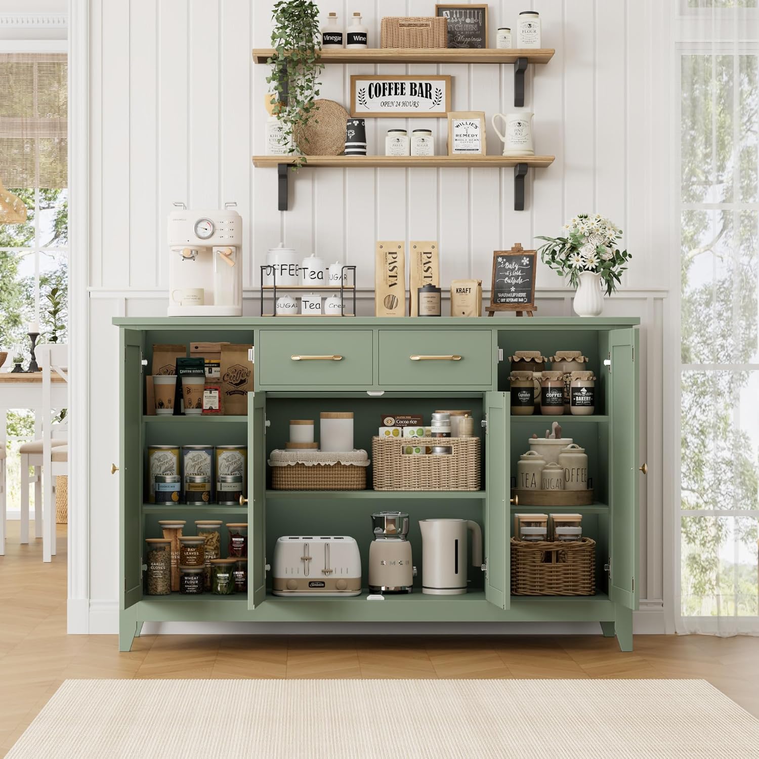 HORSTORS 55" Buffet Cabinet with Storage, Kitchen Buffet Sideboard with Drawers, Large Storage Cabinet with Doors and Shelves, Modern Farmhouse Coffee Bar for Kitchen, Dining Room, Living Room, Green