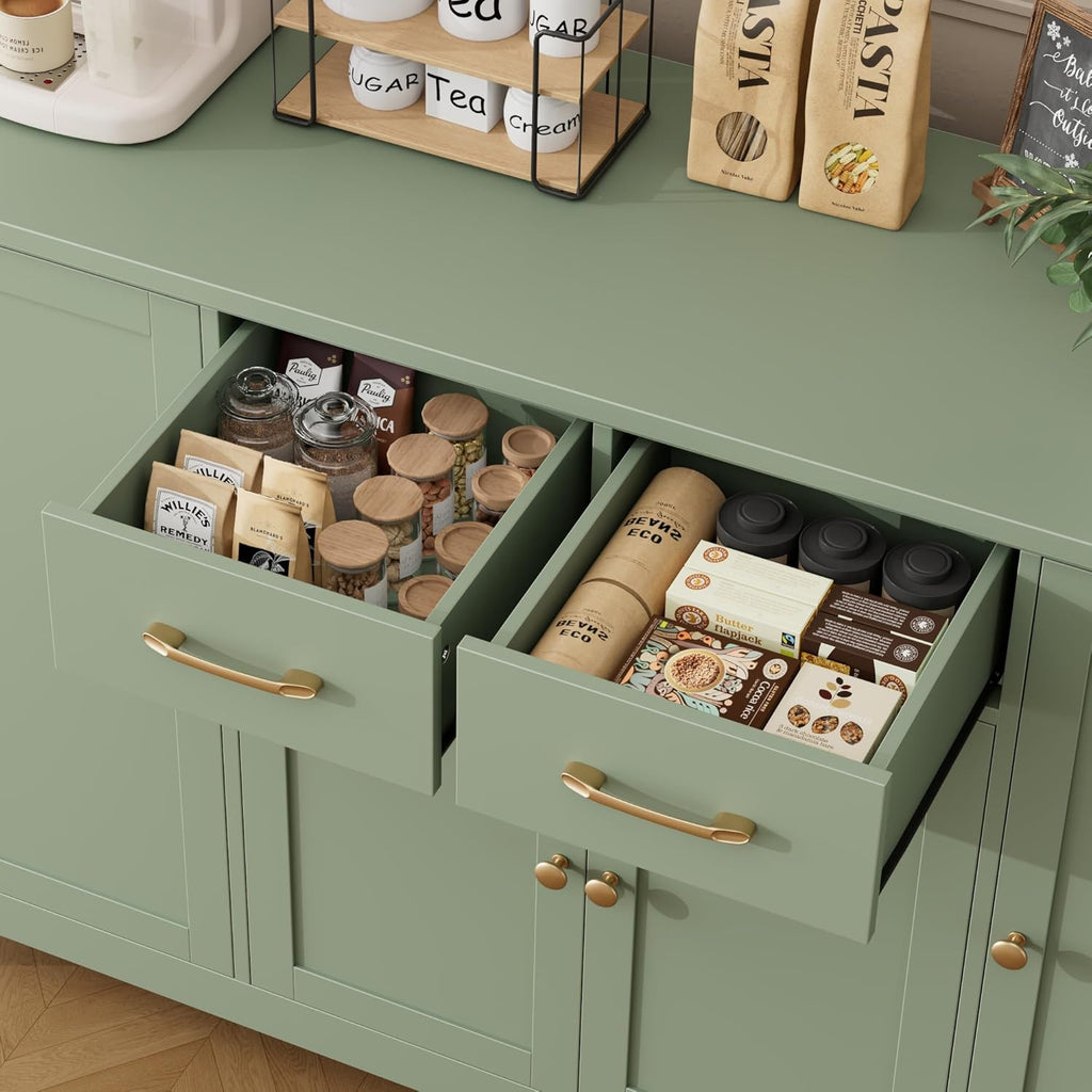 HORSTORS 55" Buffet Cabinet with Storage, Kitchen Buffet Sideboard with Drawers, Large Storage Cabinet with Doors and Shelves, Modern Farmhouse Coffee Bar for Kitchen, Dining Room, Living Room, Green