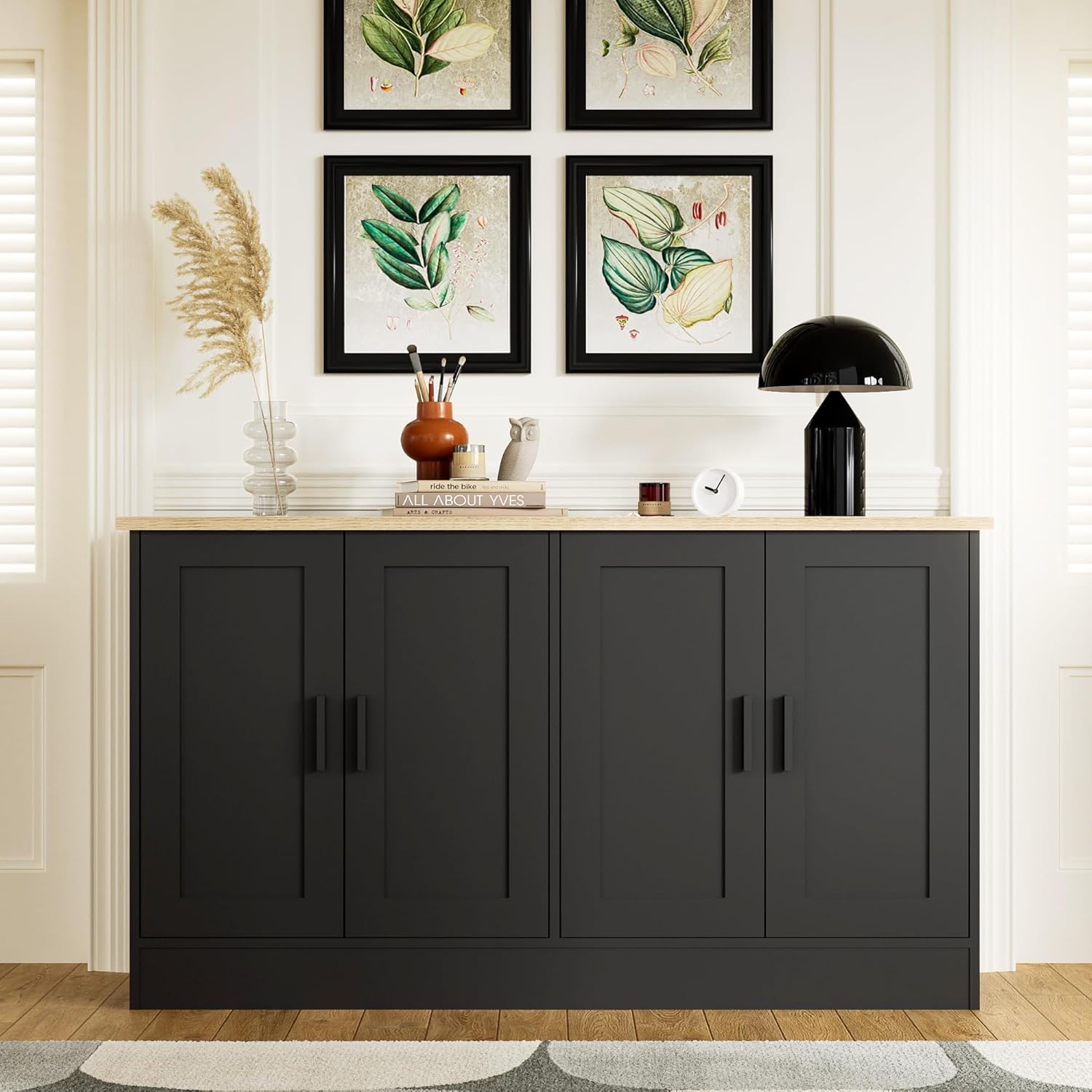 Anystyle 53.1“W Black 4 Door Buffet Cabinet, Coffee Bar with Adjustable Shelf, Kitchen Sideboard for Living Room, Hallway