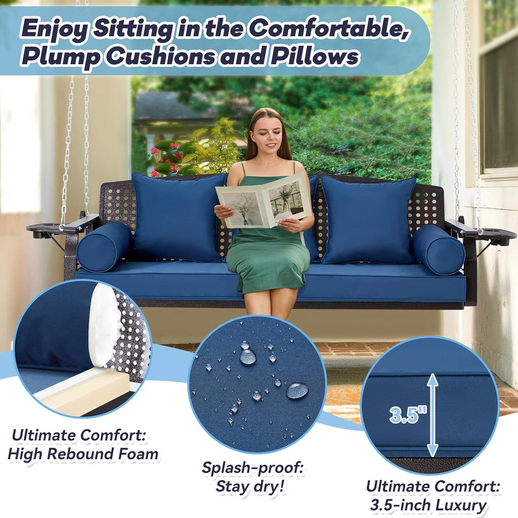 3 Seat Porch Swing, Patio Swing Bench with Cup Holders & 3 Back Cushions, Swing Chair with Chains for Deck Garden Backyard,Blue
