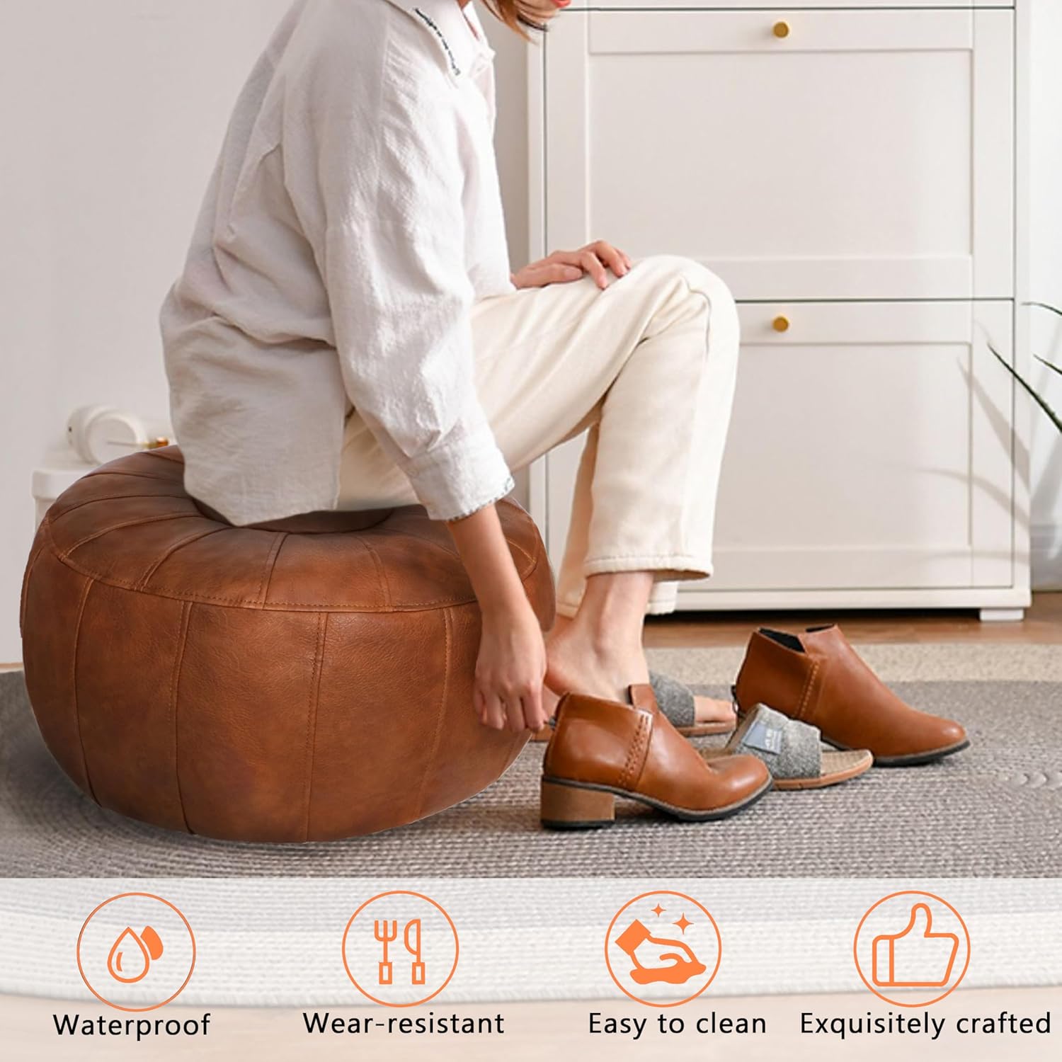 Thgonwid Unstuffed Moroccan Storage Pouf Foot Stool Ottoman Seat Handmade Faux Leather Bean Bag Floor Chair Foot Rest for Living Room, Bedroom or Balcony (Light Brown)