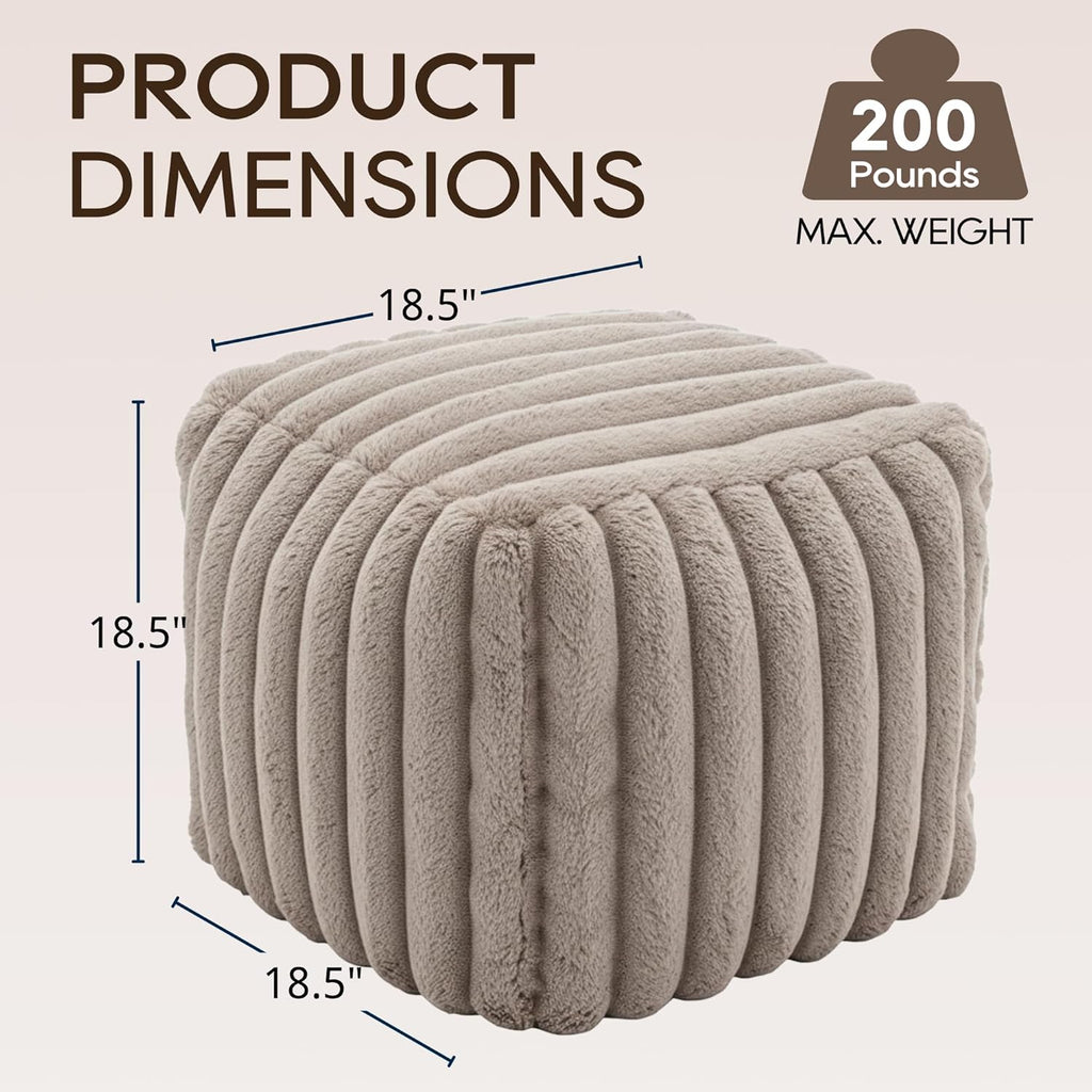 18.5" Square Faux Fur Pouf, Plush Corded Ottoman for Living Room Bedroom, Beige