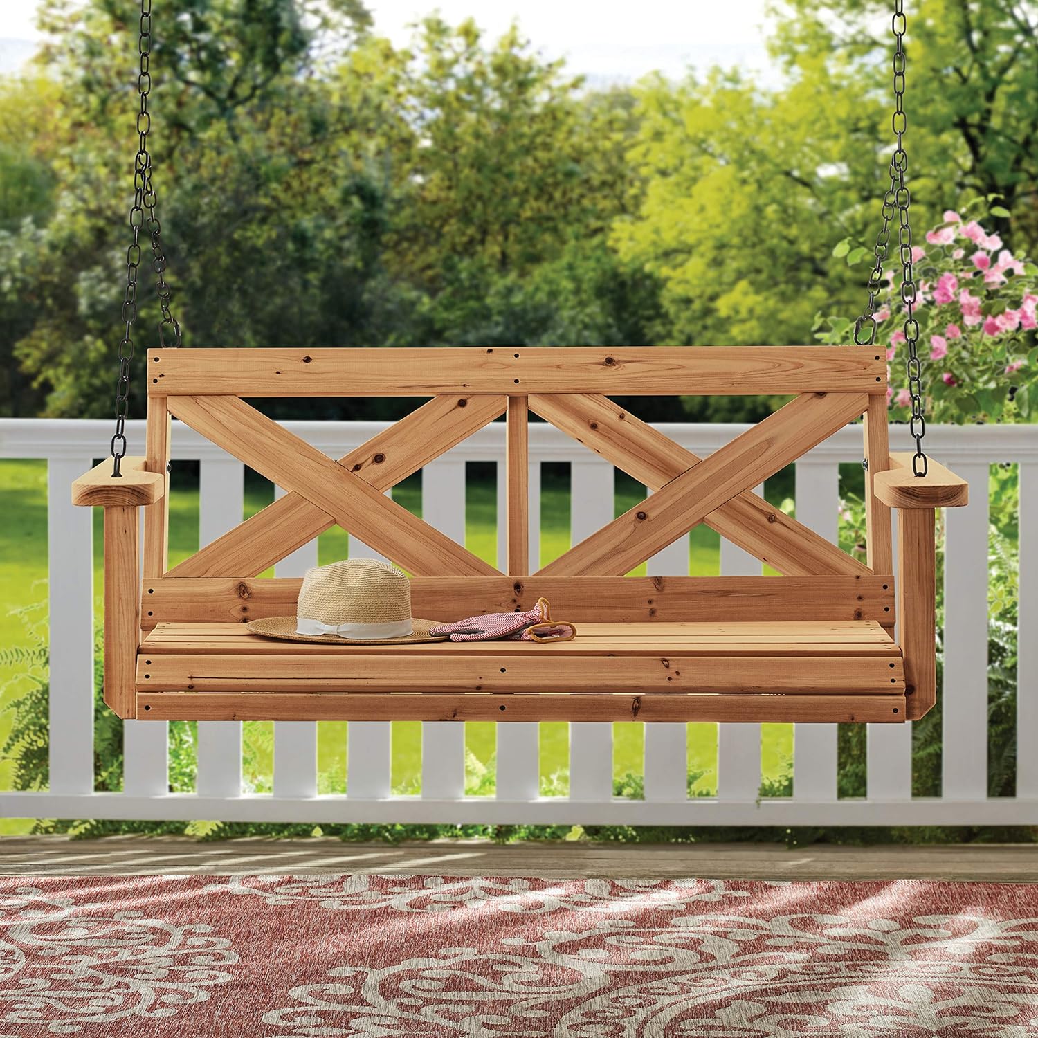 Backyard Discovery 55" Cedar Wood Farmhouse Outdoor Porch Swing Bench with Two-Person Seating, Durable Hanging Chains, Water-Resistant, Heavy-Duty 600 Lbs Weight Capacity for Patio, Deck, Garden
