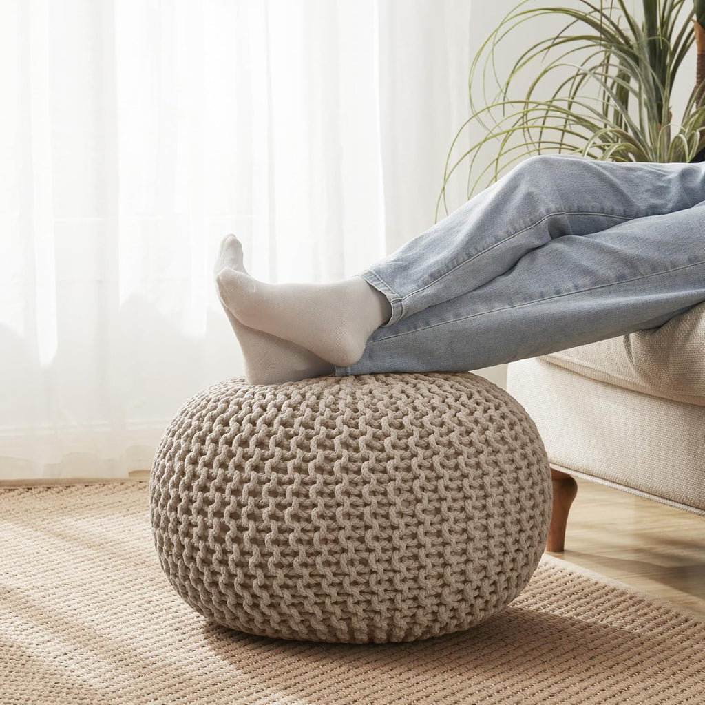 Pouf Ottoman Foot Rest Stuffed – 20” Diameter x 14” Tall Cozy Floor Pouf for Living Room, Bedroom, Nursery & More – 100% Cotton Knit Shell, EPS Bead Filled Footrest & Accent Chair, Taupe